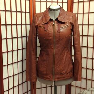 Danier canada genuine fitted leather cognac brown jacket zip up size XS